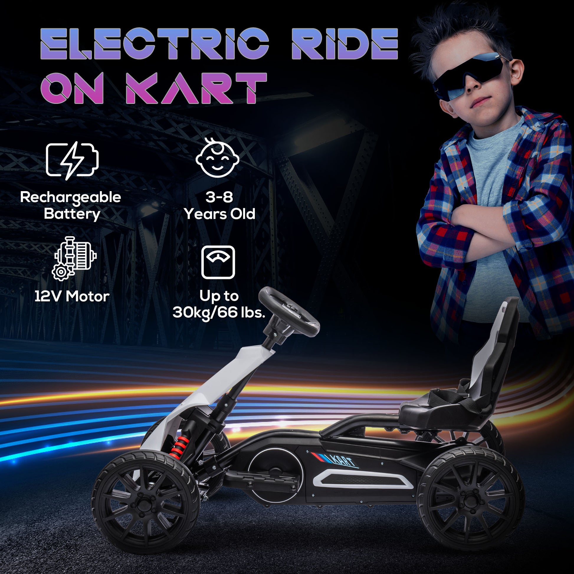HOMCOM 12V Electric Go Kart for Kids, Ride-On Racing Go Kart with Forward Reversing, Rechargeable Battery, 2 Speeds, for Boys Girls Aged 3-8 Years Old in White-2