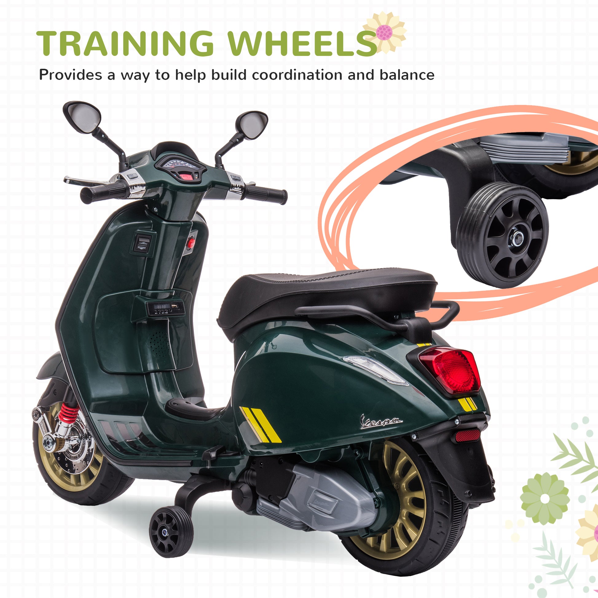 AIYAPLAY 12V Vespa Licensed Kids Electric Scooter Motorbike with Music, Headlights, FM Radio, for 3-6 Years in Green-4