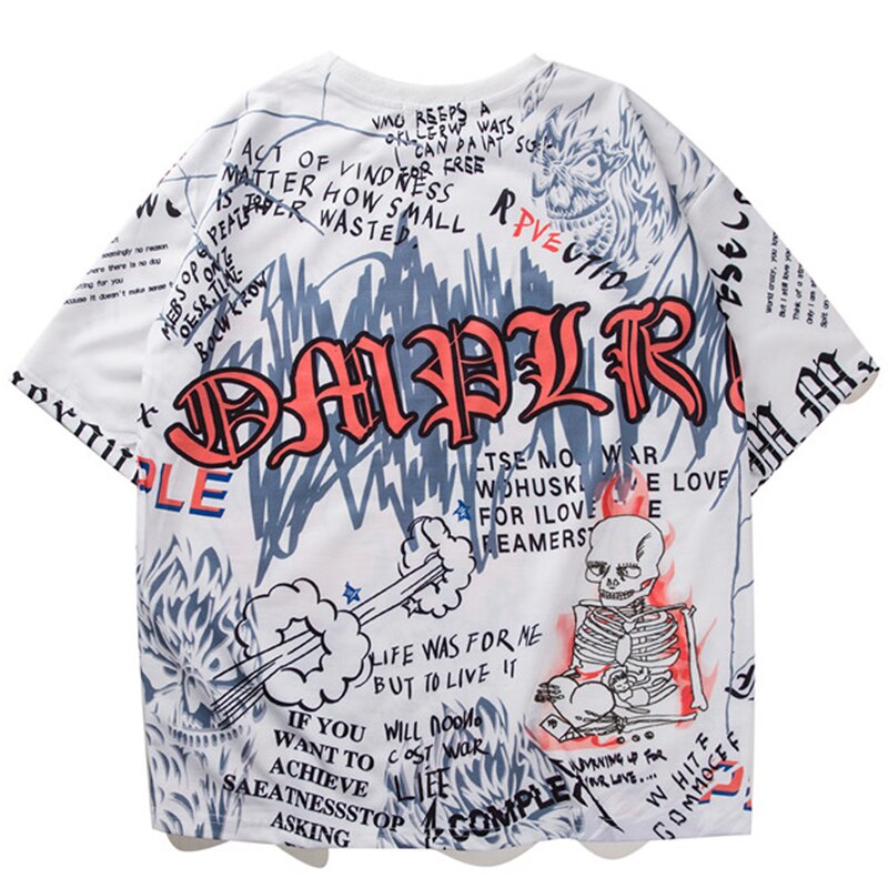 Mens Short Sleeve T-shirt Graffiti Tees Shirts Flame Print Skateboard Tshirts Male Cotton Hip Hop Streetwear KJ54-0