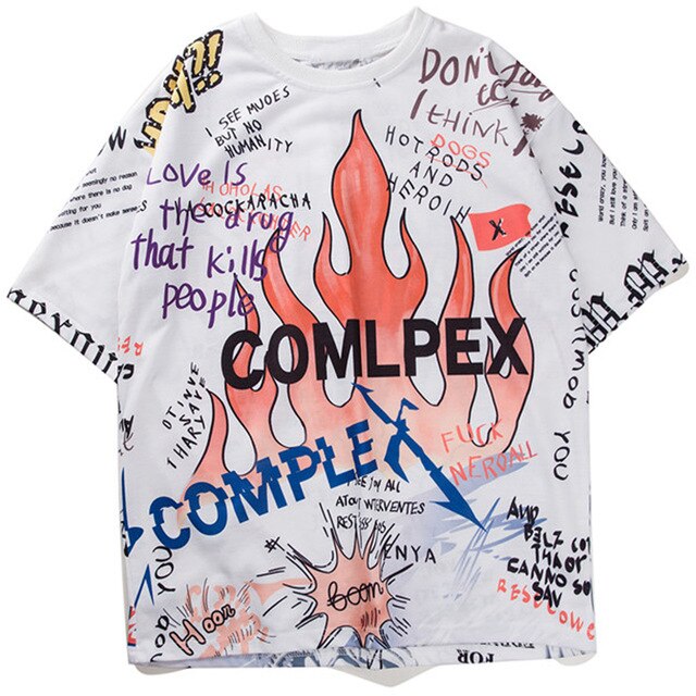 Mens Short Sleeve T-shirt Graffiti Tees Shirts Flame Print Skateboard Tshirts Male Cotton Hip Hop Streetwear KJ54-5
