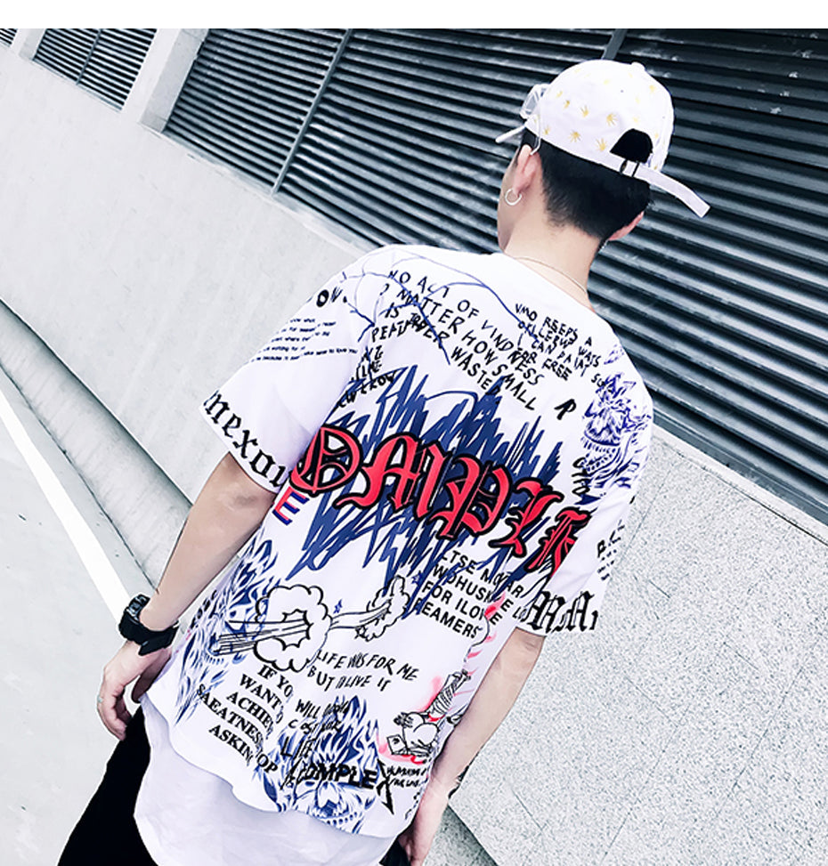 Mens Short Sleeve T-shirt Graffiti Tees Shirts Flame Print Skateboard Tshirts Male Cotton Hip Hop Streetwear KJ54-4