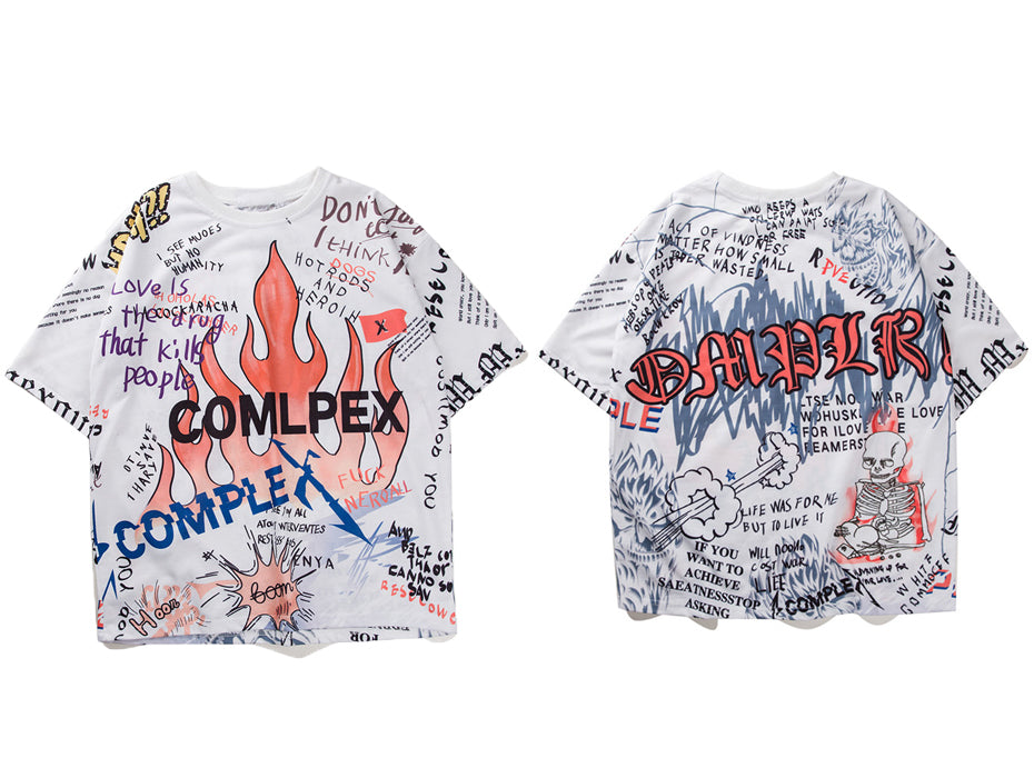 Mens Short Sleeve T-shirt Graffiti Tees Shirts Flame Print Skateboard Tshirts Male Cotton Hip Hop Streetwear KJ54-3