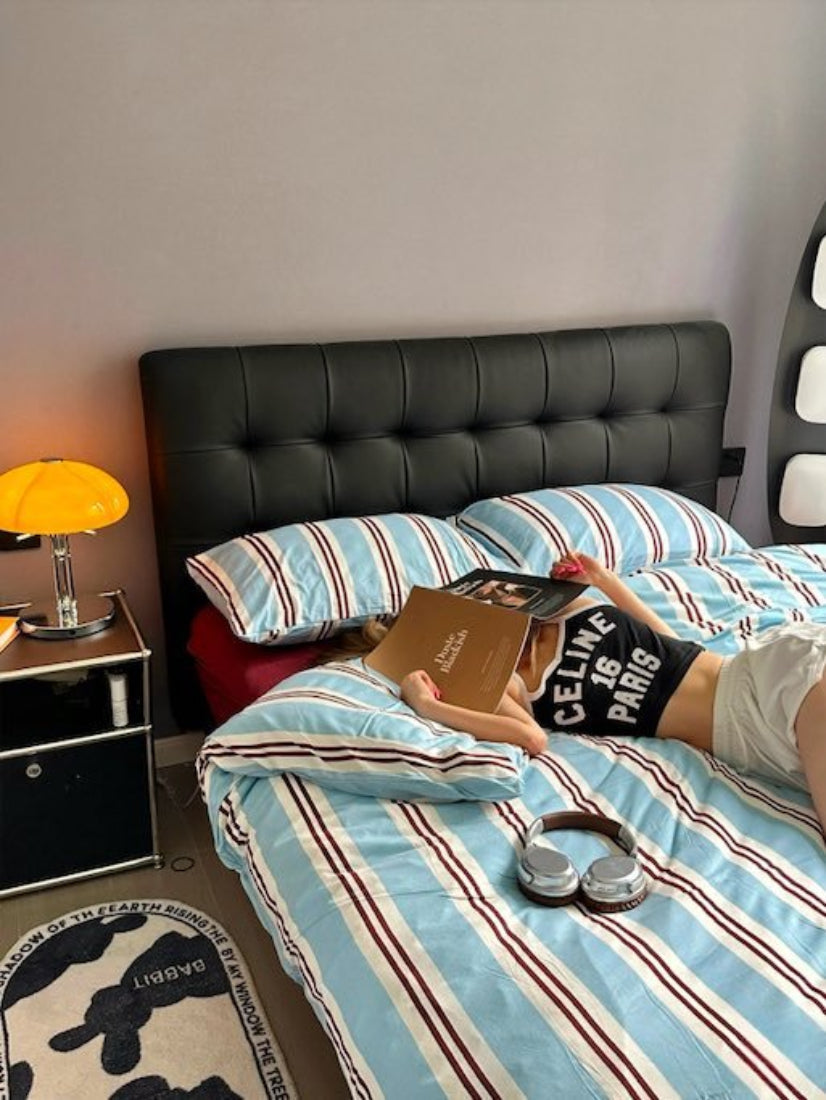 Retro Jersey Knit Blue Stripe Queen Bedding Set with Pillowcases & Fitted Sheet-3