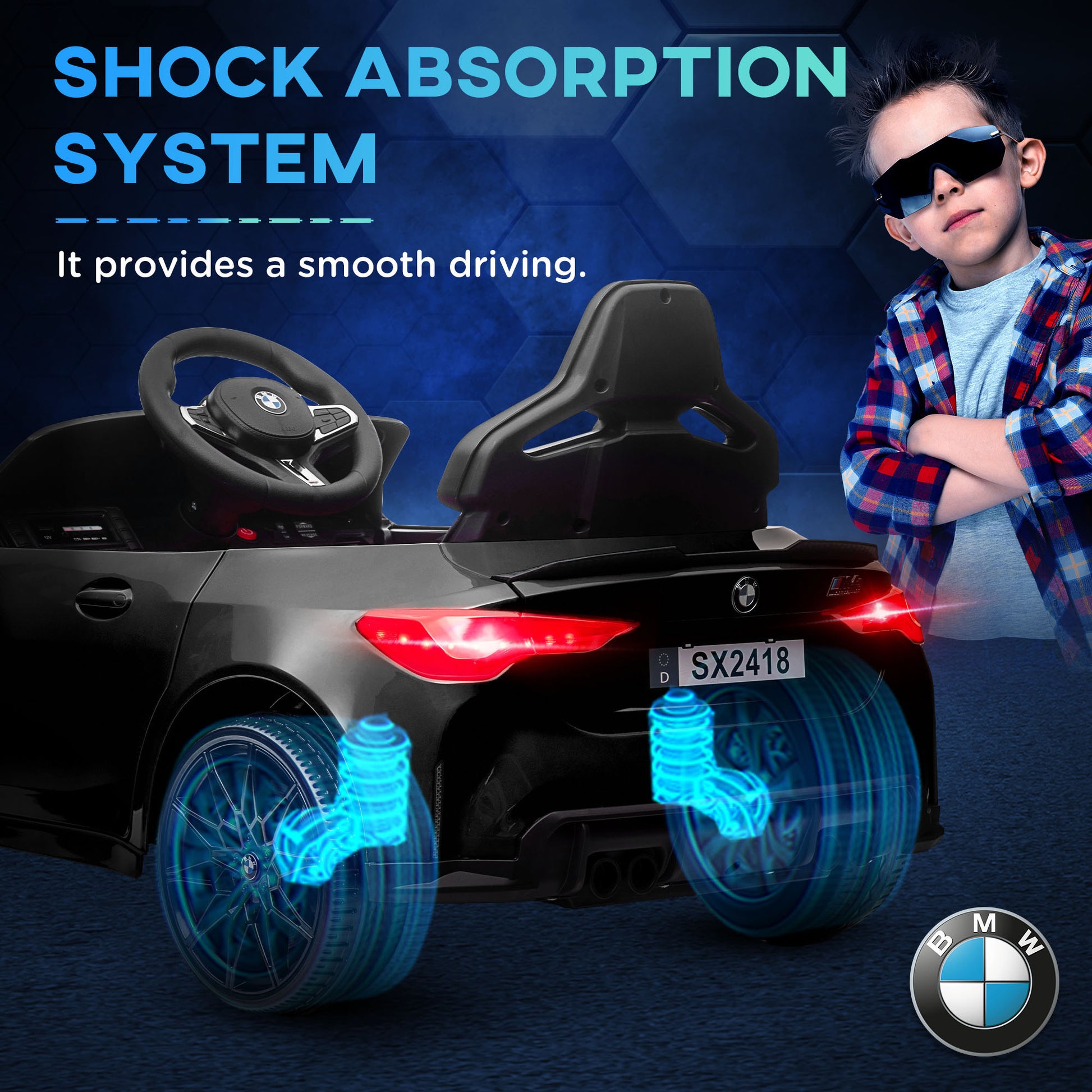 12V BMW M4 Licensed Kids Car with Easy Transport, Remote Control, Suspension, Music, Horn, LED Lights - Black by AIYAPLAY-4
