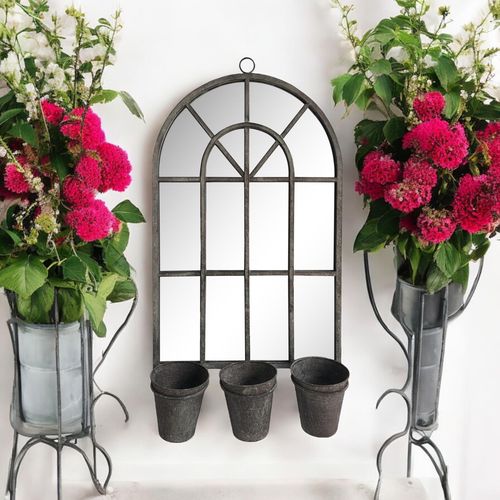 78CM RUSTY WALL MIRROR WITH TRIPLE PLANTER