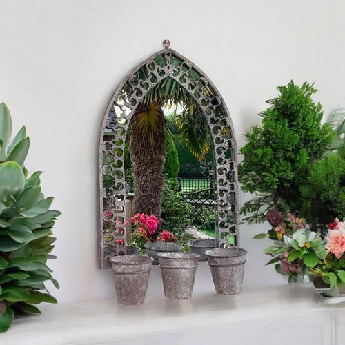 78CM RUSTY WALL MIRROR WITH TRIPLE PLANTER
