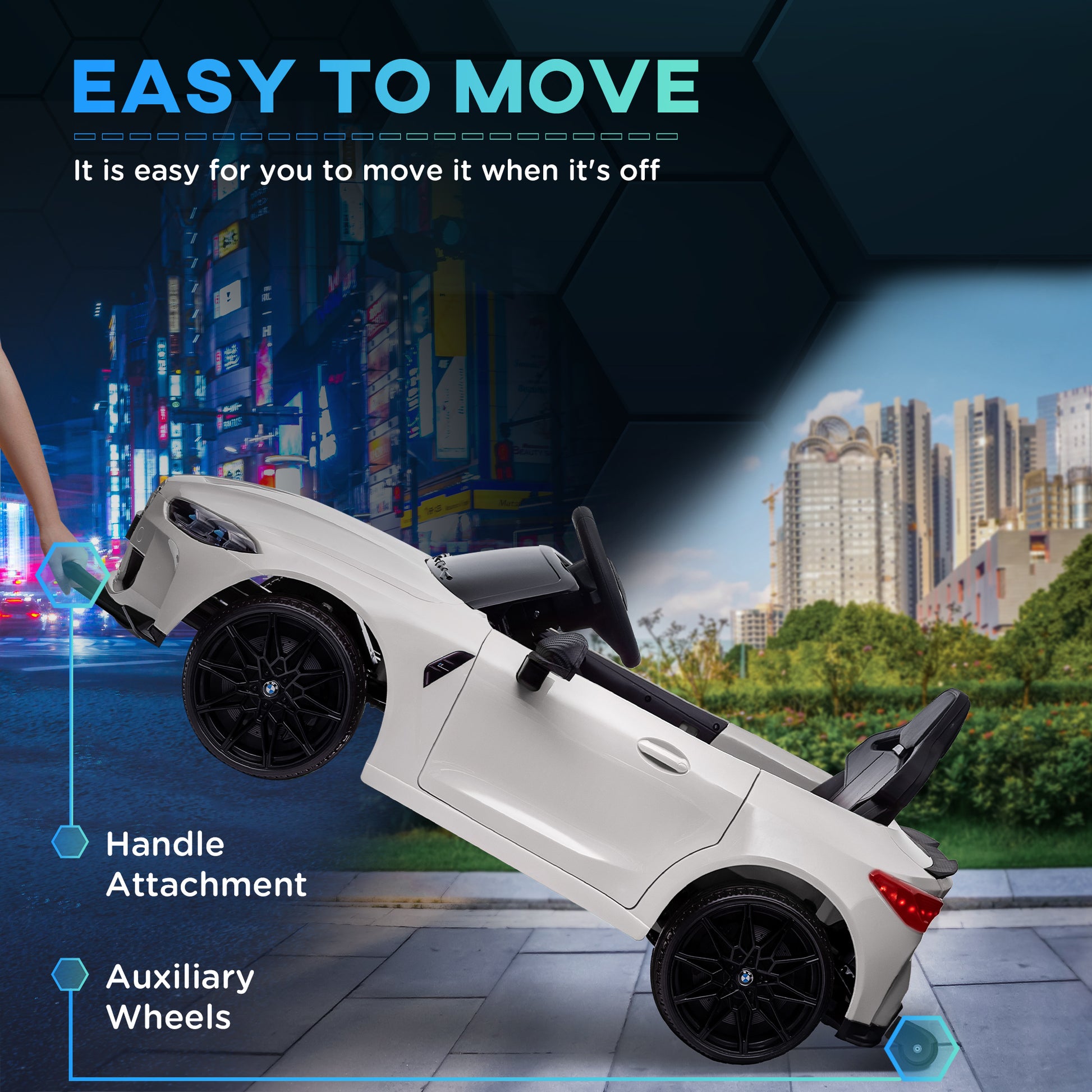12V BMW M4 Licensed Kids Car with Easy Transport, Remote Control, Suspension, Music, Horn, LED Lights in White by AIYAPLAY-3