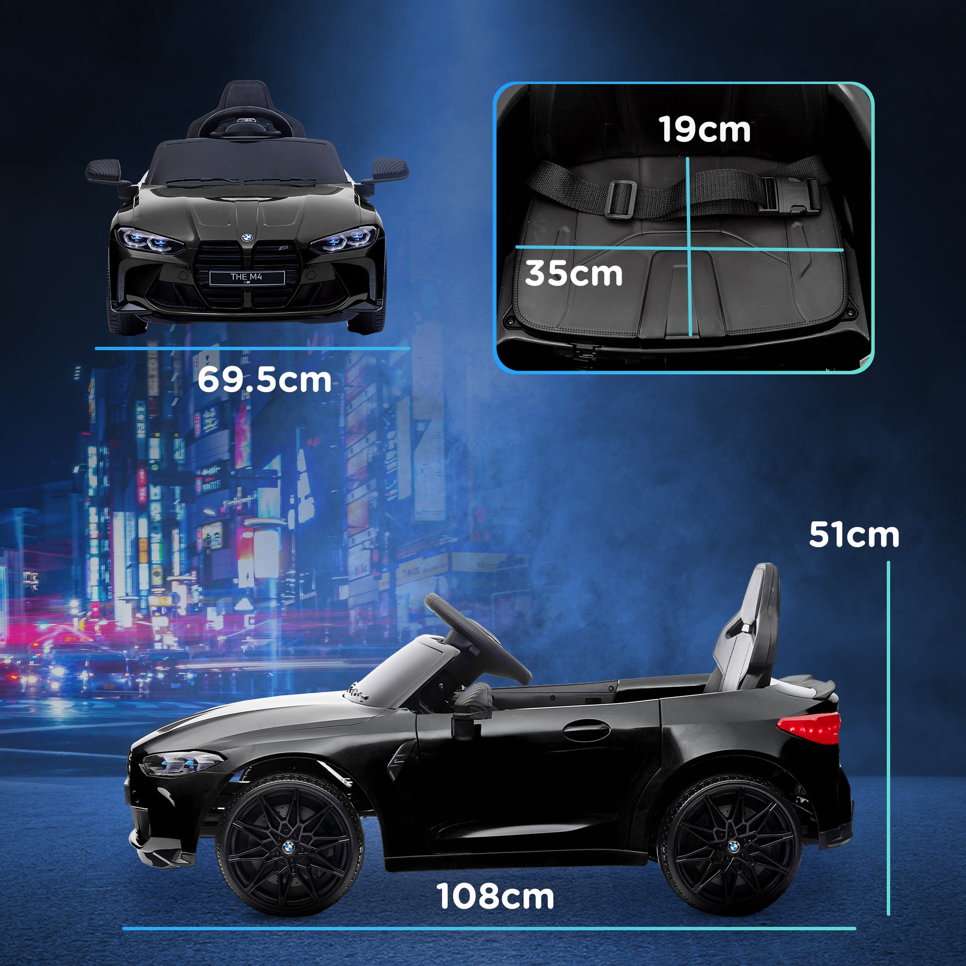 12V BMW M4 Licensed Kids Car with Easy Transport, Remote Control, Suspension, Music, Horn, LED Lights - Black by AIYAPLAY-1