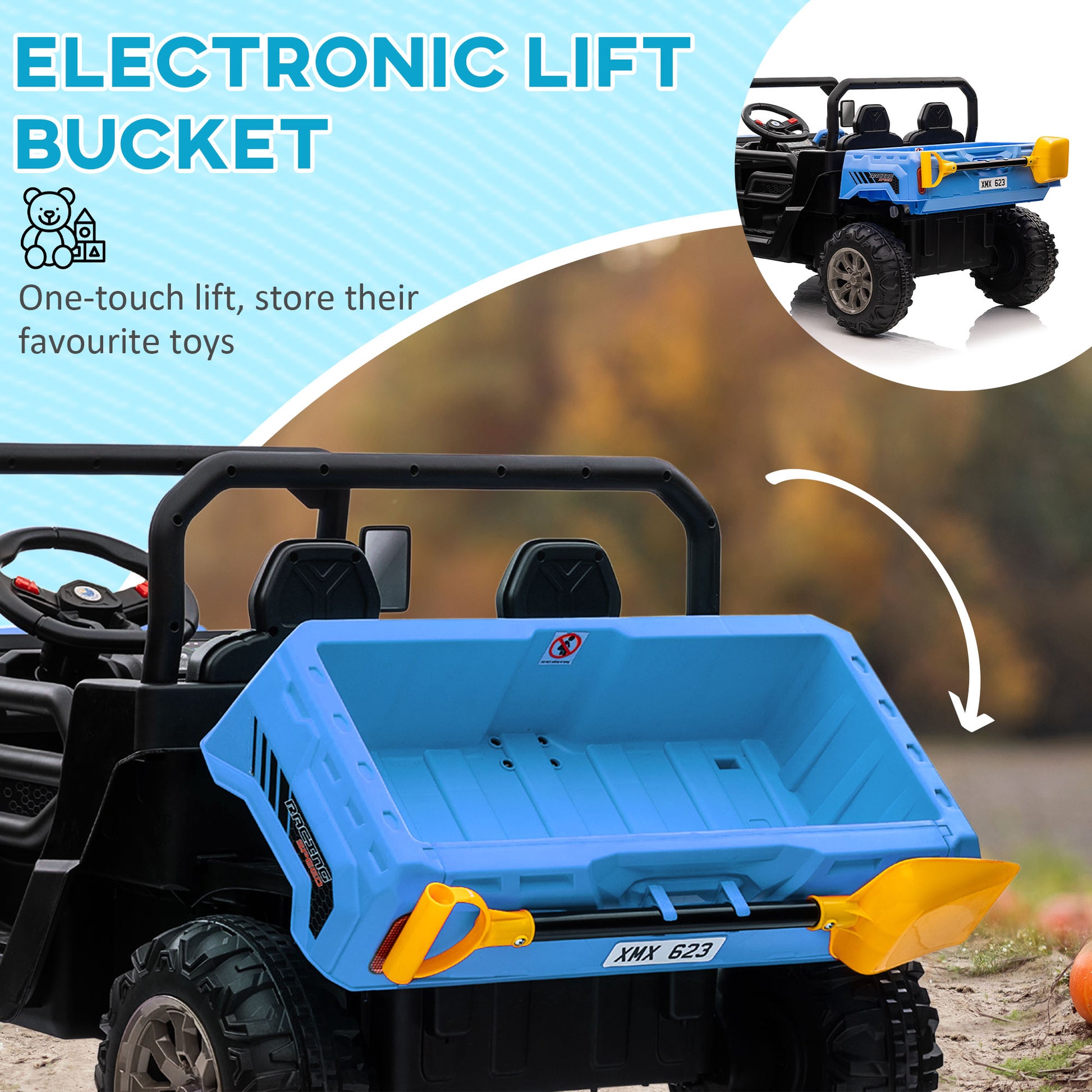 HOMCOM 12V Kids Electric Ride-On Car, with Electric Bucket, Remote Control with 2 Seats in Blue-5